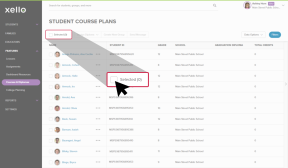 Student course list page in Xello with the cursor clicking "Selected (0)" to select all of the names in the student list
